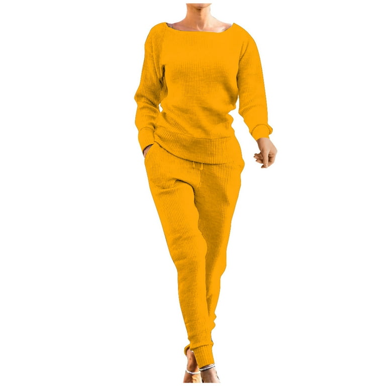 YWDJ Cute Pants for Women Trendy Women Tracksuits Sportswear Long Sleeve  Pullover Trousers Casual Suit Yellow XS