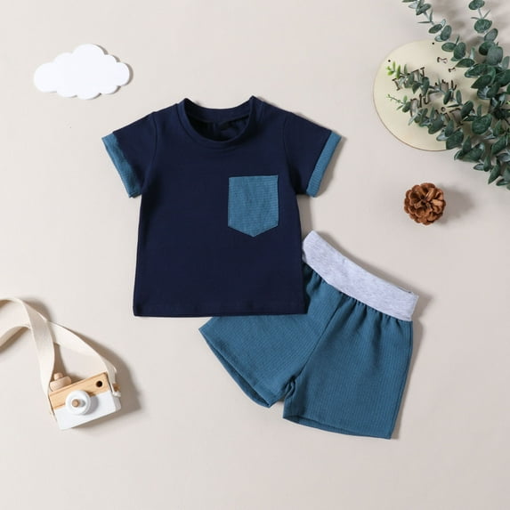 YWDJ Cute Two Piece Outfits for Boys for Summer Kids 6M-3T Color Block Short Sleeve T Shirts Shorts Fashion Clothes Blue 2 T