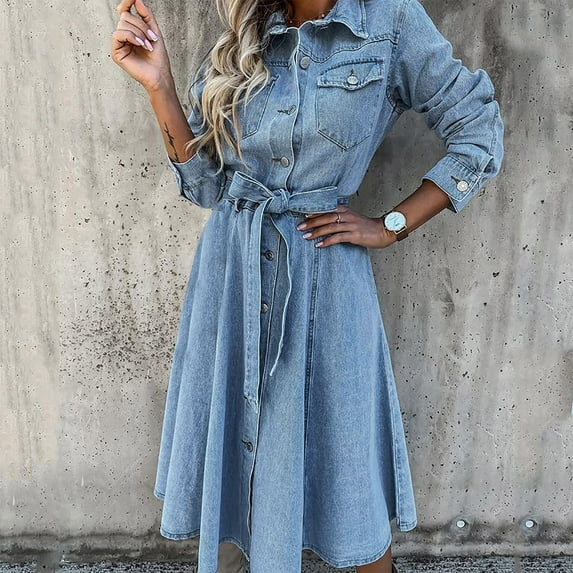 YWDJ Denim Dress for Women Shirt Dresses for Women Spring Long Sleeve Casual Denim Lace High Waisted with Pockets Button Down Autumn Lapel Up Beach Dresses for Everyday Wear Beach Vacation