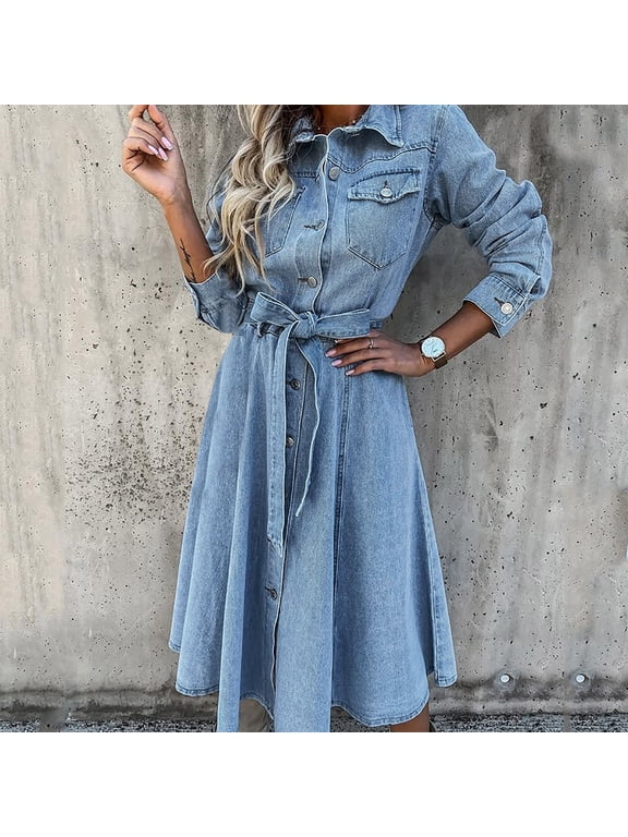YWDJ Denim Dress for Women Shirt Dresses for Women Spring Long Sleeve Casual Denim Lace High Waisted with Pockets Button Down Autumn Lapel Up Beach Dresses for Everyday Wear Beach Vacation