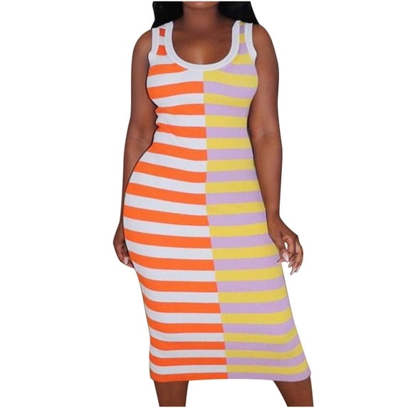 YWDJ Dress for Women Casual Summer Stripe Printing Casual Sleeveless Round Neck Dress Spring Summer Dresses for Women 2023 Multicolor L