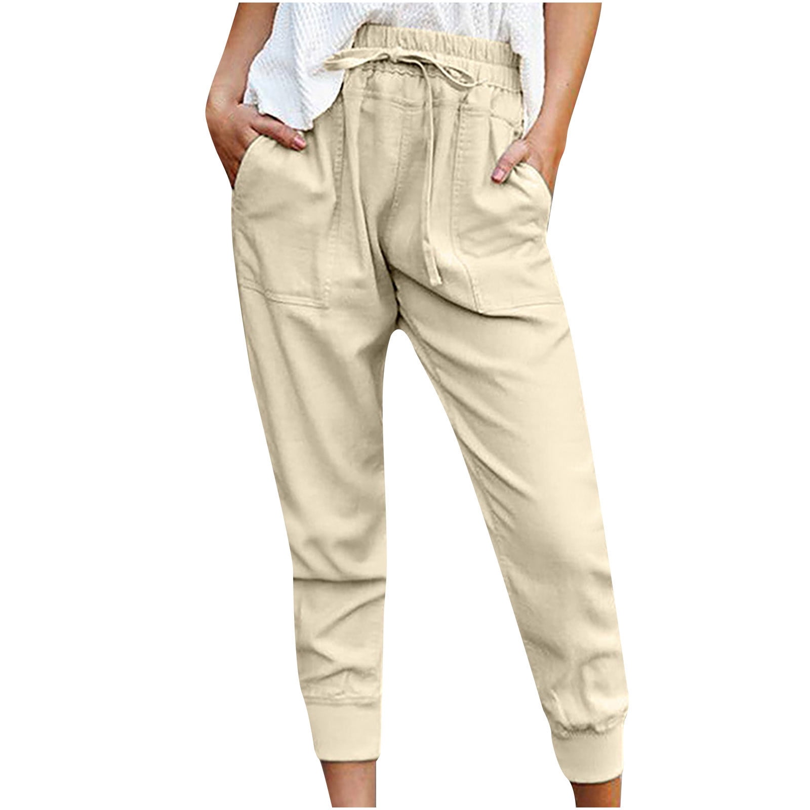 YWDJ Dressy Joggers for Women Women Casual Solid Cotton Linen Drawstring  Elastic Waist Calf Length Pencil Pants Beige L 