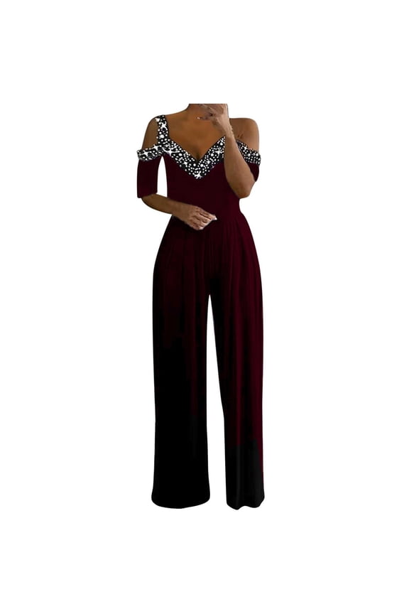 YWDJ Dressy Jumpsuits for Women Casual Short Wide Leg Long Pant Ladies Travel Comfortable 2023 Vacation Loose Rompers for Women Jumpers and Rompers Casual Fashion V Neck Short Sleeve Wine L