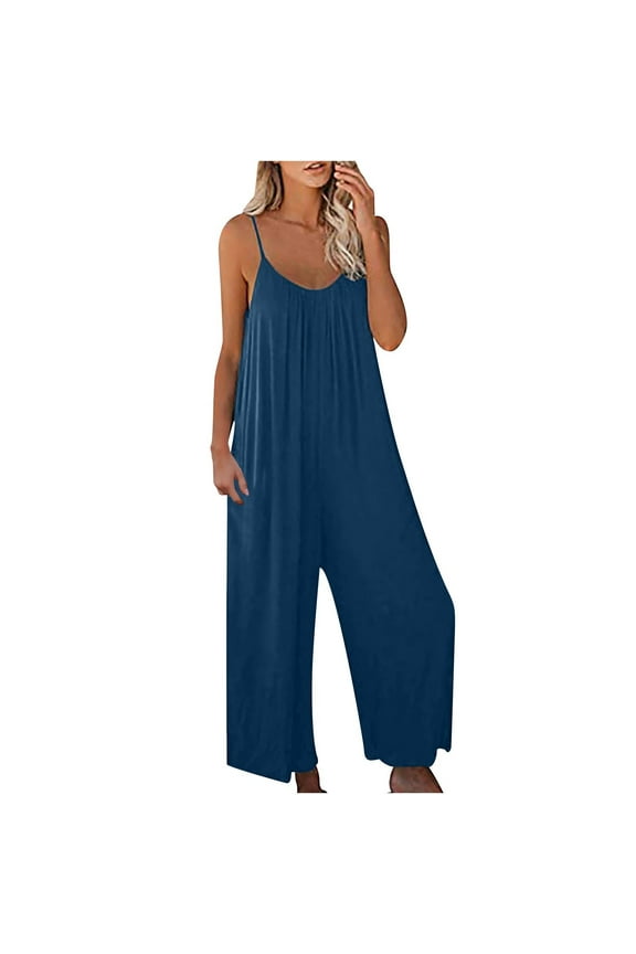 YWDJ Dressy Jumpsuits for Women Casual Summer Suspender Long Pant Ladies Travel Comfortable 2023 Vacation Flowy Rompers Womens Jumpers and Rompers Casual Fashion Solid Color with Pockets Blue M