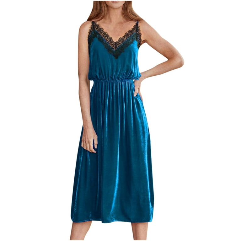 YWDJ Fall Wedding Guest Dresses Women Solid Sleeveless Velvet Lace  Stitching V-Neck Sling Party Club Dresses Blue XS 