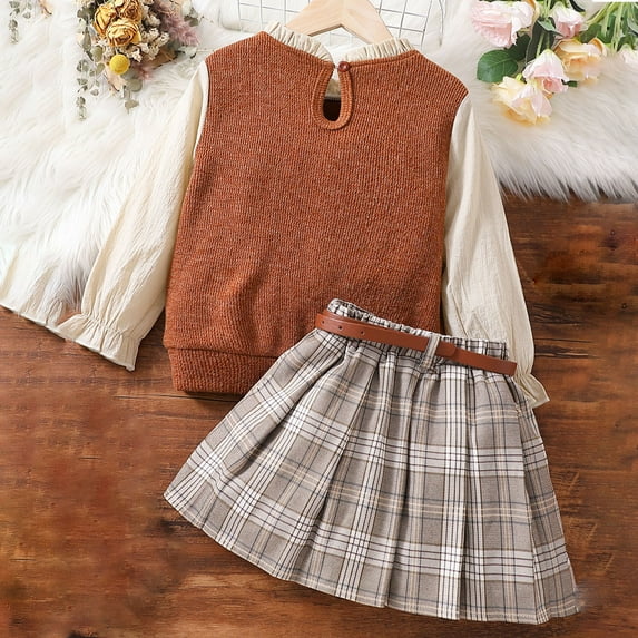 YWDJ Fashion College Style Long Sleeve Plaid Long Sleeve + Short Skirt + Exquisite Belt Suitable For Ages 4-7 Years Old Khaki 5Y