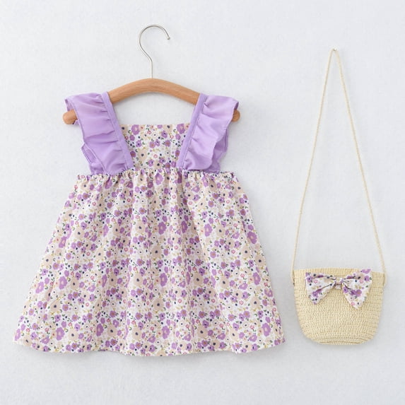 YWDJ Flower Girl Dress for Weddings Toddler Kids Baby Girls Fashion Cute Sleeveless Sweet Flower Print Ruffle Dress Bag Set Purple 6-12 Months