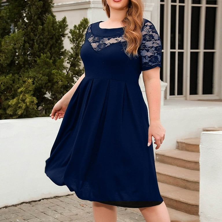 YWDJ Formal Dresses for Women Party Dress Summer Plus Size Casual Lace  Short Sleeve Oversize Round Neck Solid Sleeve Loose Gift for Wedding Guest  Evening Party Graduation Birthday Party Tea Party 