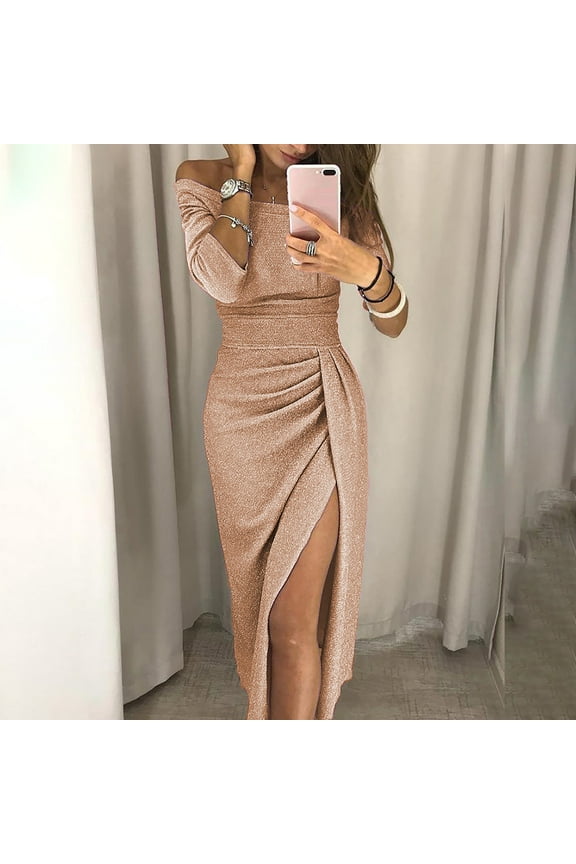 YWDJ Formal Dresses for Women Wedding Guest Dresses Summer Long Sleeve Off the Shoulder Pleated Fashion Fashion Solid Split Fork for Wedding Guest Evening Party Graduation Birthday Party Tea Party