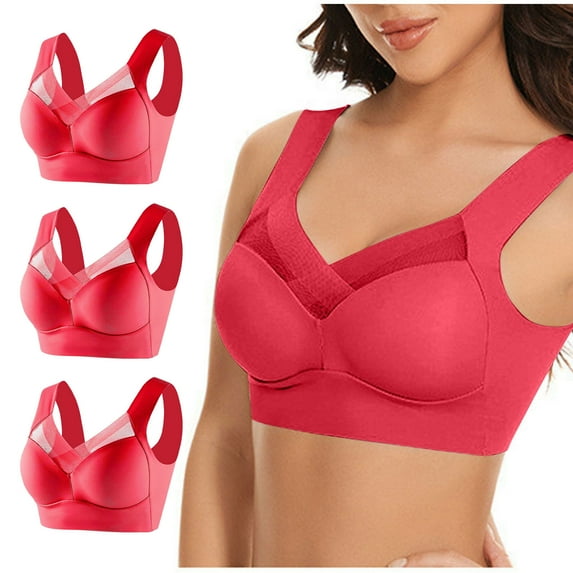 YWDJ Full Coverage Bras for Women 3 Pack Plus Size Pull on Push up No Wire Comfort Straps Support Bralette Breathable Soft Bra for All Shapes Sagging Breasts Red 2XL