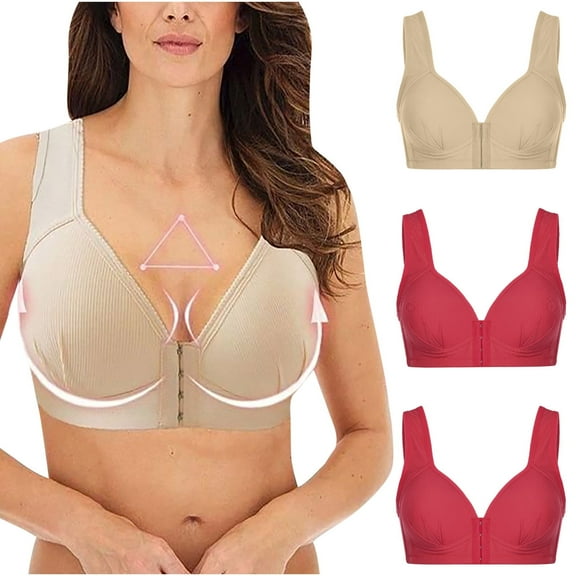 YWDJ Full Coverage Bras for Women Wide Straps 3 Pack Front Close Comfortable Bras Wirefree Bras Push up Wrap Sleep Bras Padded Plus Size Comfy Bras Solid Comfy Bras Beige 3XL