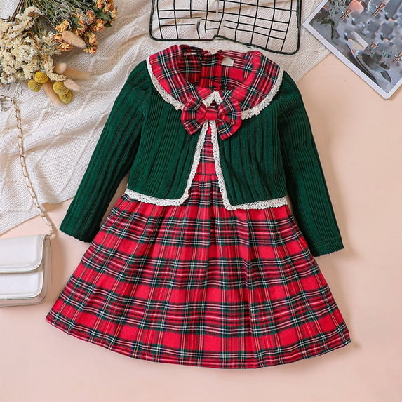 YWDJ Girls Birthday Dresses Long Sleeve Cardigan Jacket + Plaid Vests Dress Set Christmas Clothing Christmas Red Plaid Dress For 3-8 Years Old Red 7Y