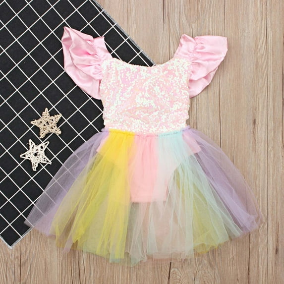 YWDJ Girls Birthday Dresses Toddler Kid Baby Girl Sleeveless Sequined Lace Princess Romper Dress Pink 6-12 Months
