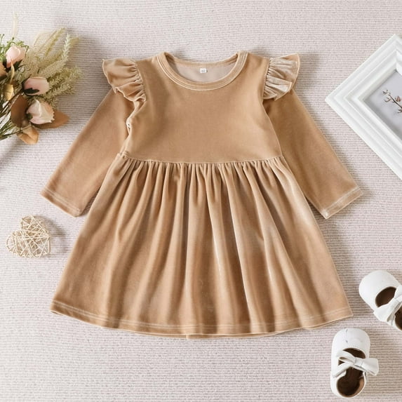 YWDJ Girls Casual Dress Baby Girls Sweet Long Sleeve Round-Neck Flock Macrame Solid Color Princess Dress Khaki 9-12 Months