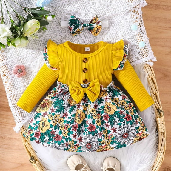 YWDJ Girls Evening Dresses Europe And The United States Spring And Autu-mn New Sweet Little Girl Flower Print A-line Skirt Yellow 18 Months