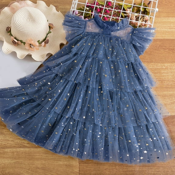 YWDJ Girls Party Dresses Spring And Summer New Girls Dress Star Sequin Mesh Princess Dress Childrens Sleeveless Dress Blue 3Y