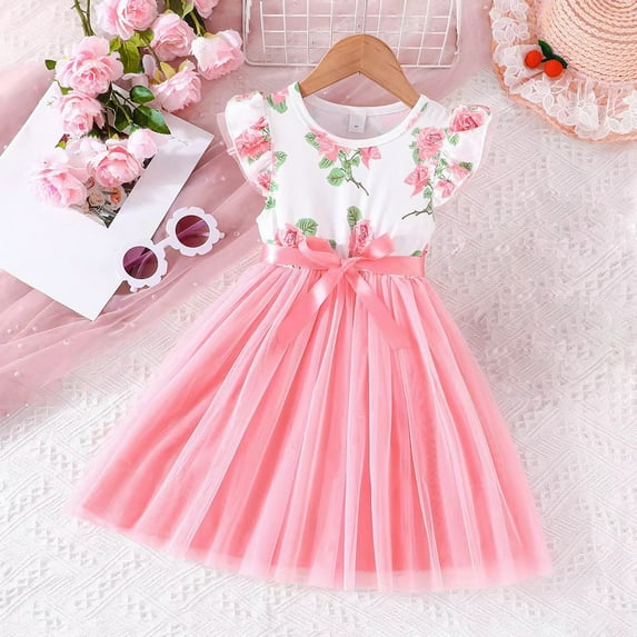 YWDJ Girls Prom Dresses Girls New Floral Print Sleeveless Patchwork Solid Color Mesh Dress 4Y-7Y Pink 5Y