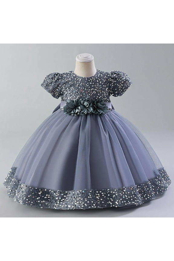 YWDJ Girls Princess Dresses Belle Toddler Girls Girls Childrens Short Sleeve Lace Bow Mesh Dress Gauze Dress Princess Dress Gray 1T