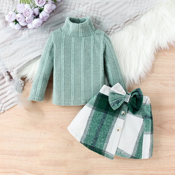 YWDJ Girls Semi Formal Dress 6Months-4 Years High Neck Long Sleeve Knit Top + Green Plaid Skirt Two Piece Short Skirt Set Green 18 Months