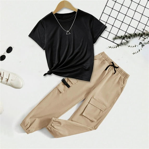 YWDJ Girls Summer Sets Kids Two Piece 6-14 T Sleeveless Tank Tops Cargo Pants Fashion Clothes Black 7 T