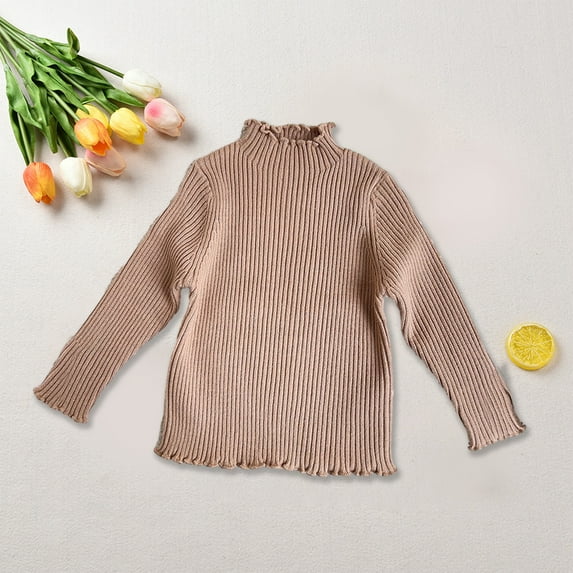 YWDJ Girls Velvet With Collar Long Sleeve Tiered Ruffle Tunic Knitted Top Suitable For 1-10 Years Brown 5Y