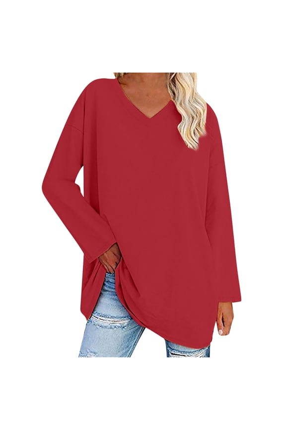 YWDJ Graphic Tees for Women Trendy Women's Casual V-Neck Long Sleeve Solid Loose Shirt Blouse Tops Red XL
