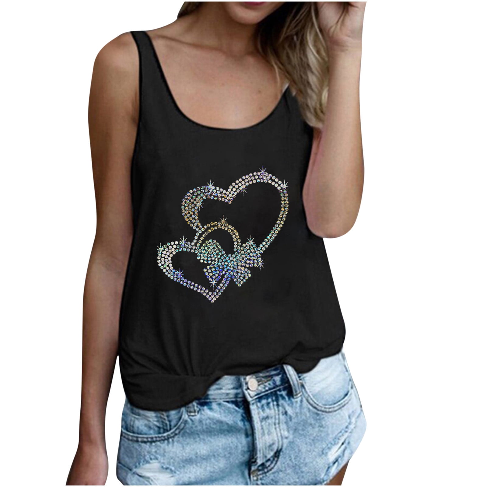 YWDJ Graphic Tees for Women Vintage 80s Fashion Casual Solid Color Round  Neck Colorful Sequin Printed Vest Top Black XL 