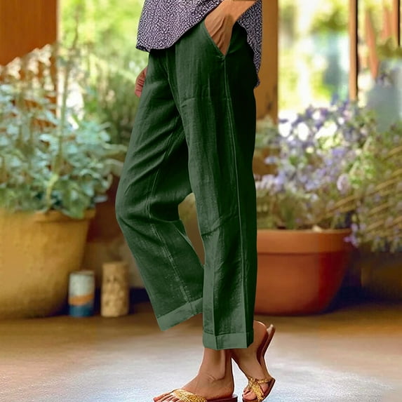 YWDJ Green Plus Size Activewear Pants Women Lounge Pants Cotton Linen Elastic Waist Full Length Trouser Loose Casual Long Beach Pants Solid Straight Lightweight 2XL Tall Breathable Summer Clothes