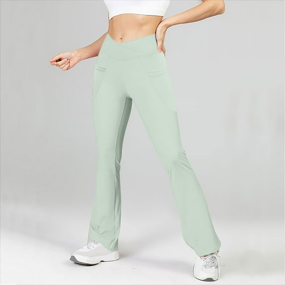 YWDJ Green Womens Flare Leggings Tall Mid Waist Workout Pants with Pockets Full Length Curvy Casual Long Bootcut Workout Pants for Work out Pull on Solid Yoga Lightweight S Breathable Gym Clothes