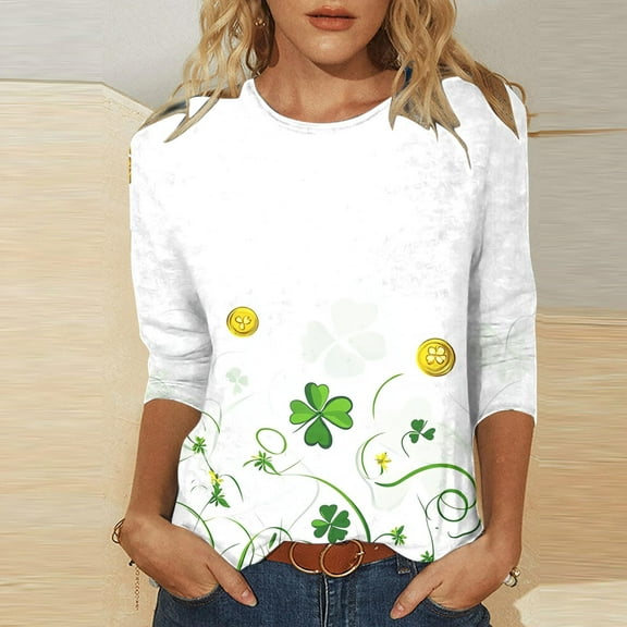 YWDJ Green Womens Tops 3/4 Sleeve Polyester St Patricks Day Round Neck Polyester Casual St. Patricks Day Blouse Tops for Irish Themed Gifts M