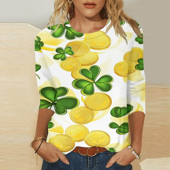 YWDJ Green Womens Tops 3/4 Sleeve Polyester St Patricks Day Round Neck Polyester Casual St. Patricks Day Blouse Tops for Irish Themed Gifts XL