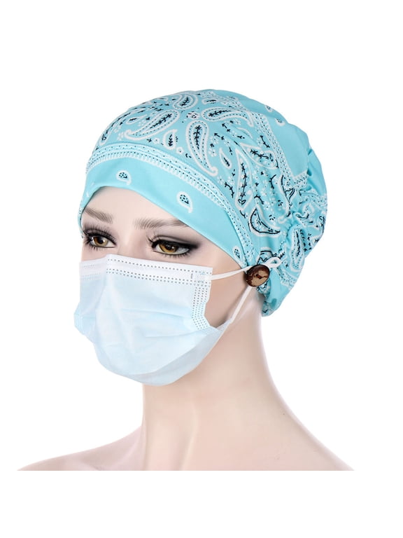 Hair Turbans for Women Fashion Women With Buttons Hat Cancer Chemo Hat Beanie Wrap Cap Blue