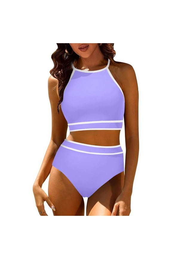 YWDJ High Waisted Bikini Sets for Women Swimsuits 2 Piece Hawaiian Tropical Print Swim Cami Bra And Ruffles Bathing Sets Beachwear Purple M