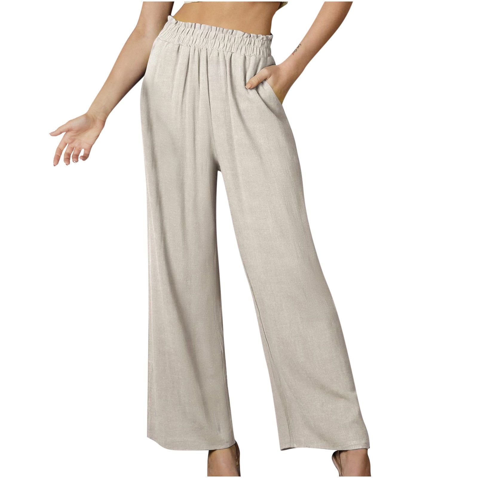 YWDJ High Waisted Wide Leg Pants for Women Tall Fashion Women Casual  Elastic Waist Pocket Solid Color Trousers Long Pants Beige XL 