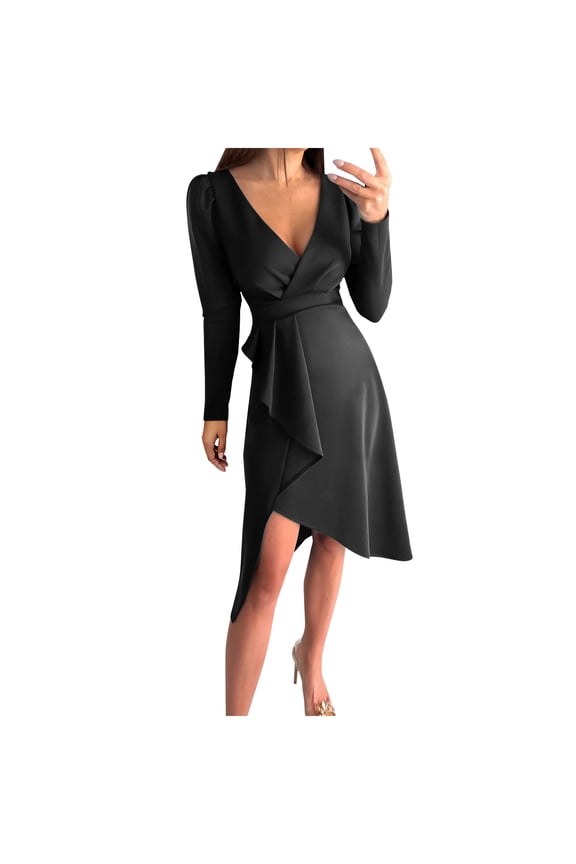 YWDJ Holiday Holiday Cocktail Dresses for Women Fashion Women Casual Buttocks Solid Slimming Long Leeve Dress Black L