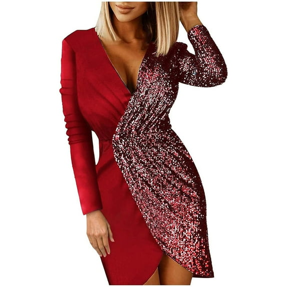 YWDJ Holiday Holiday Cocktail Dresses for Women Sparkly Stitching Sequin Dress Hip Wrap Tight Split Evening Dress Red S