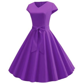 YWDJ Homecoming Dresses 2022 Women Vintage Short Sleeve Swing 50s Housewife Casual Evening Party Prom Dress Purple XS