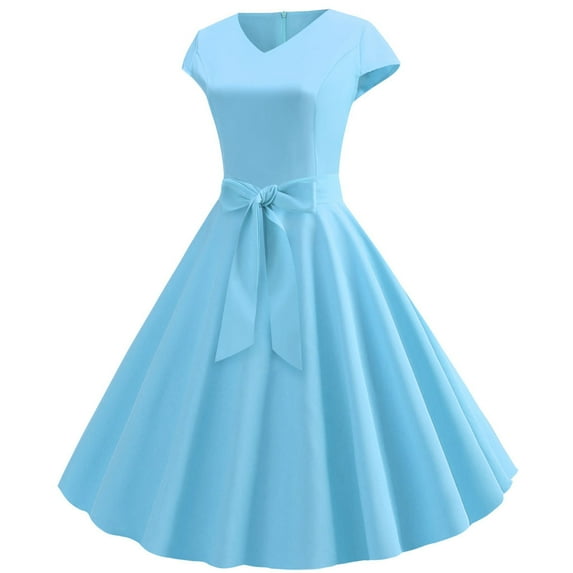 YWDJ 80s Homecoming Dresses 2024 Women Vintage Short Sleeve Swing 50s Housewife Casual Evening Party Prom Dress Sky Blue S