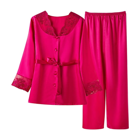 YWDJ Homewear Women Hot Pink Lace Lightweight Solid Long Sleeve Robes Button 2 Piece Long Pants V Neck Pajamas L