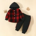 thumbnail image 1 of YWDJ Infant Girls Strip Cotton Open Button Top With Plaid Skirt Knot Hairband Three Piece Set Red 18 Months, 1 of 9