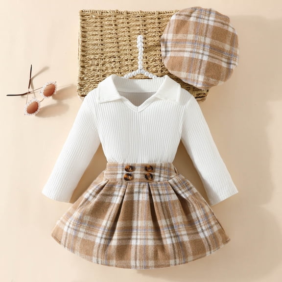 YWDJ Infant Girls Strip Cotton Open Button Top With Plaid Skirt Knot Hairband Three Piece Set White 18 Months
