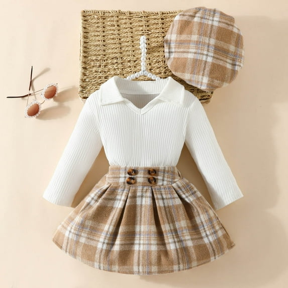 YWDJ Infant Girls Strip Cotton Open Button Top With Plaid Skirt Knot Hairband Three Piece Set White 9 Months