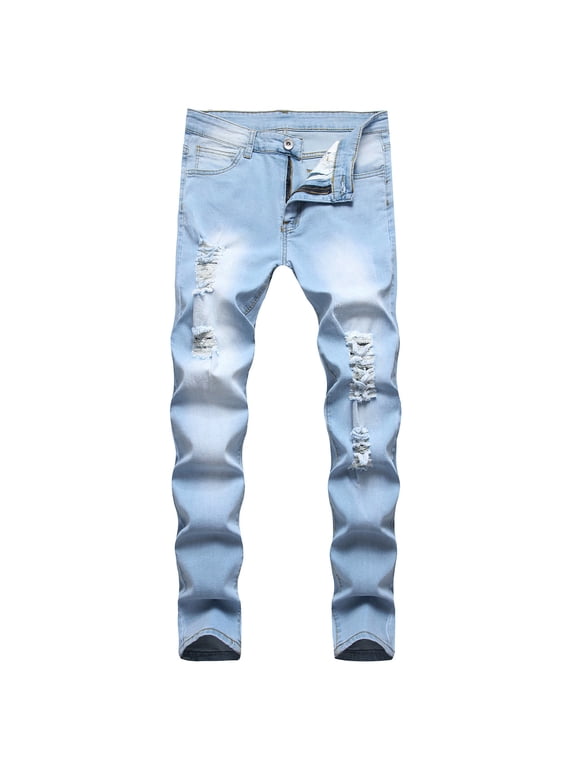 YWDJ Jeans for Men Slim Fit Men New Tight Fitting Ripped Straight Hip Hop Stretch Motorcycle Denim Trouser Light blue XL