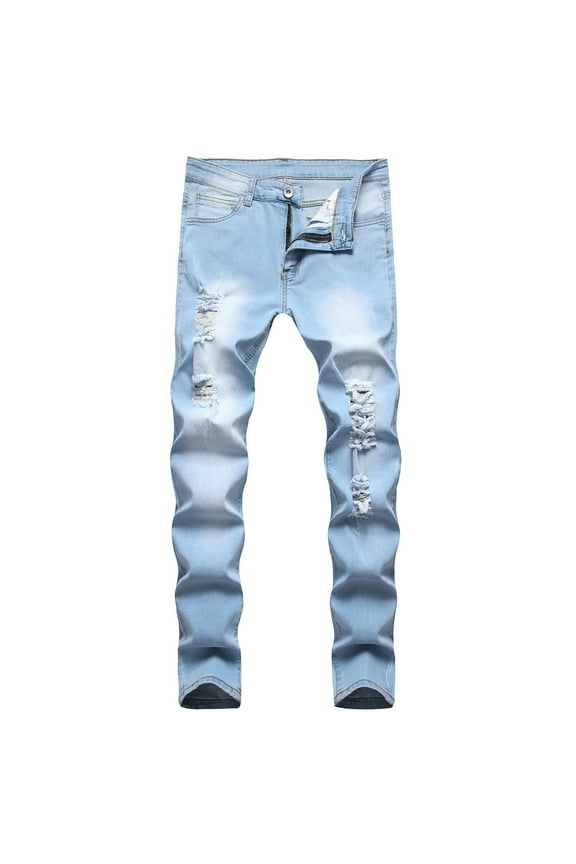 YWDJ Jeans for Men Slim Fit Men New Tight Fitting Ripped Straight Hip Hop Stretch Motorcycle Denim Trouser Light blue XXL