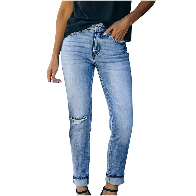 YWDJ Jeans for Women Fashion Women Pockets Button Mid Waist Skinny