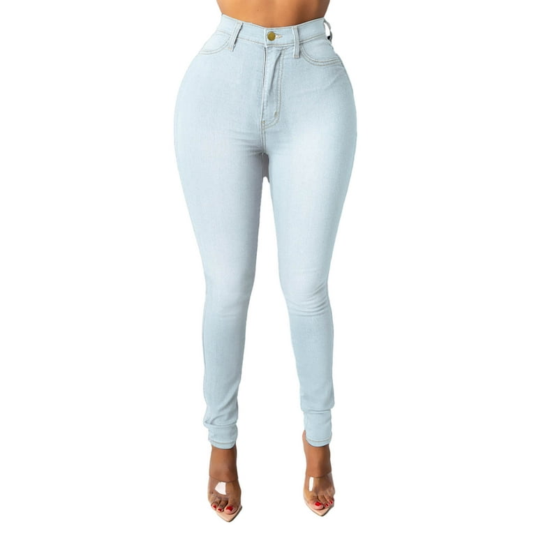 Pants Women Jeans Button Waist Trousers High Slim Pocket Hole