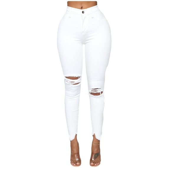YWDJ Jeans for Women High Waist Mom Jeans Women Slim Plus Size Ripped Hole Solid Color Long Jeans Denim Regular Pants White XS