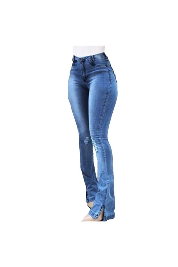 YWDJ Jeans for Women High Waisted Skinny Pocket Stretch Slim Button Trousers Hole Flare Pants Denim JeansBlueM