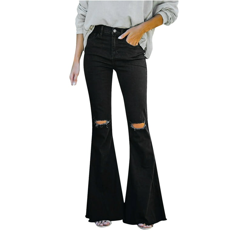 YWDJ Jeans for Women Stretch Skinny Women Fashion Casual Solid Color Flare  Pants Jeans Pocket Pants Women Jeans Black XS 
