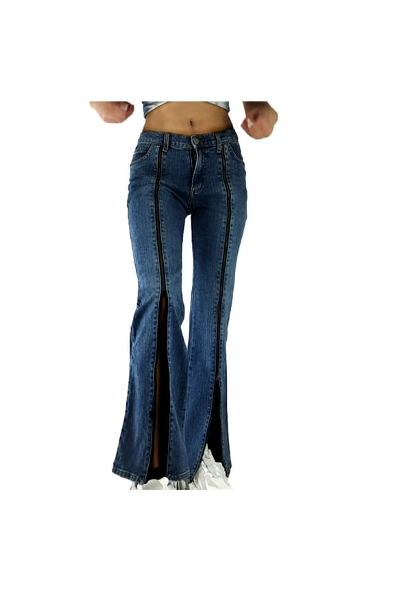 YWDJ Jeans for Women Trendy 2022 Women Fashion Solid Color Denim Pokets Thin Casual Boot Cuts Slit Wide Legs Jeans Pants Blue M